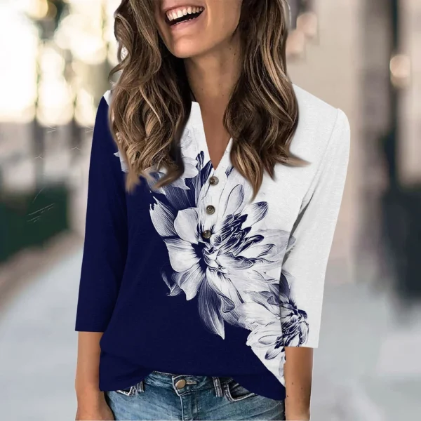 Women's Fashion Casual Loose 3/4 Sleeve Printed Round Neck Top - Image 22