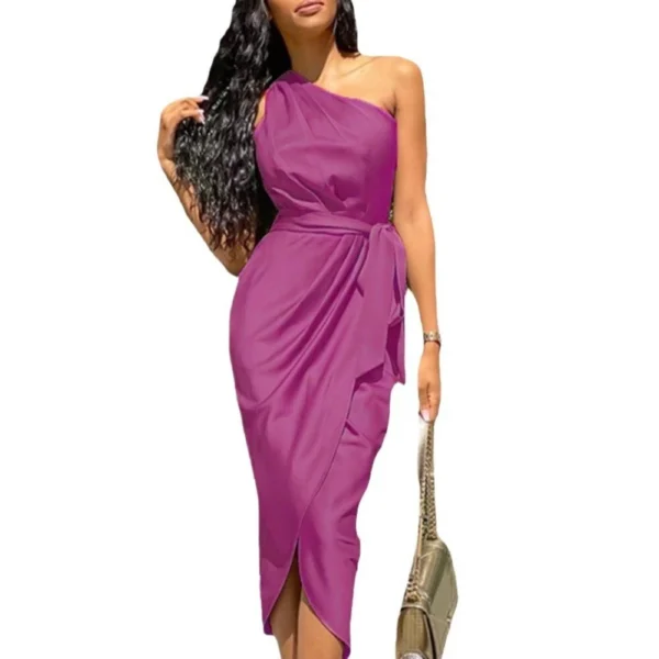 Women's long dress slanted shoulder slim satin dress - Image 5