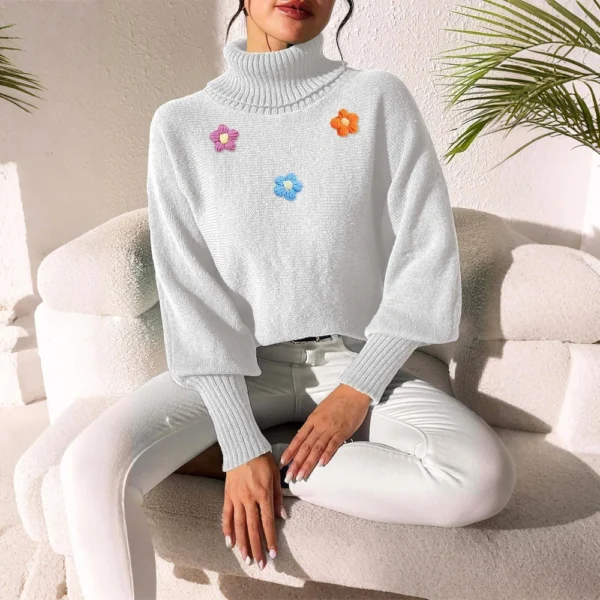 Women's  Fall And Winter Solid  Hand   Crochet Flower Splicing Turtleneck - Image 12