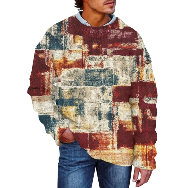 Men'S Printed Synthetic Sweater Round Neck Sportswear Loose Long Sleeved Top - Image 29