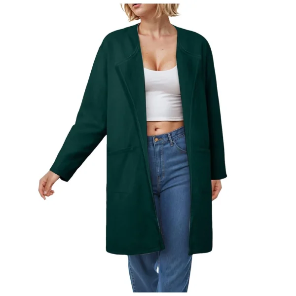 Ladies Solid Color Lapel Cardigan Tweed Cotton Coat Long Sleeve Jacket With - Image 12