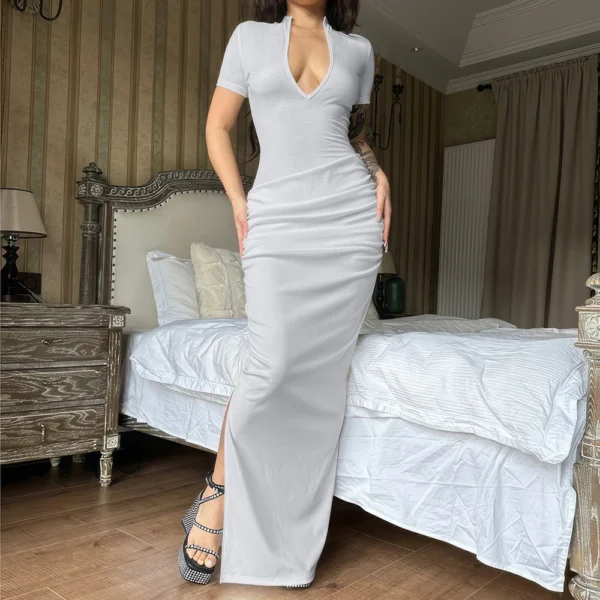 Women's Deep V-Neck Short-Sleeved Solid Color Pleated Long Dress - Image 21