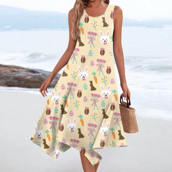 Women's Casual Fashion Round Neck Sleeveless Print Irregular Hem Midi Dress - Image 25