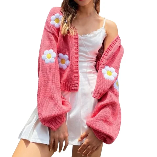 Women's Floral Sweater Loose Short Knit Cardigan - Image 23