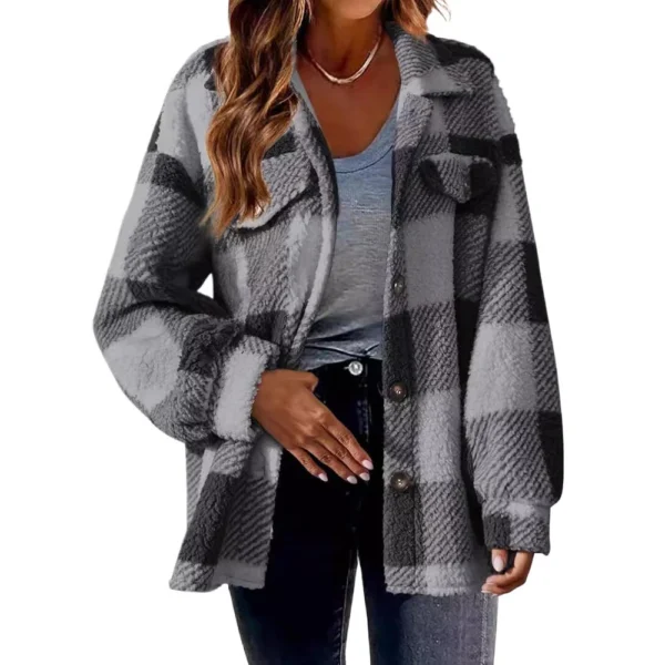 Pocket Plaid Jacket Button Plush Jacket - Image 5