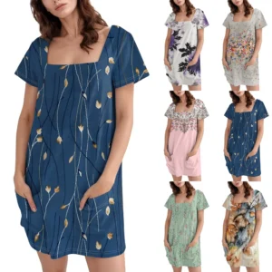 Women's Square Collar Short Sleeve Fashion Skirt Floral Print Pocket Casual