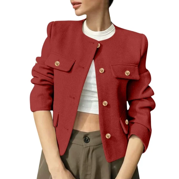 Women's Solid Color Round Neck Fashionable Button Decorated Short Jaket - Image 12