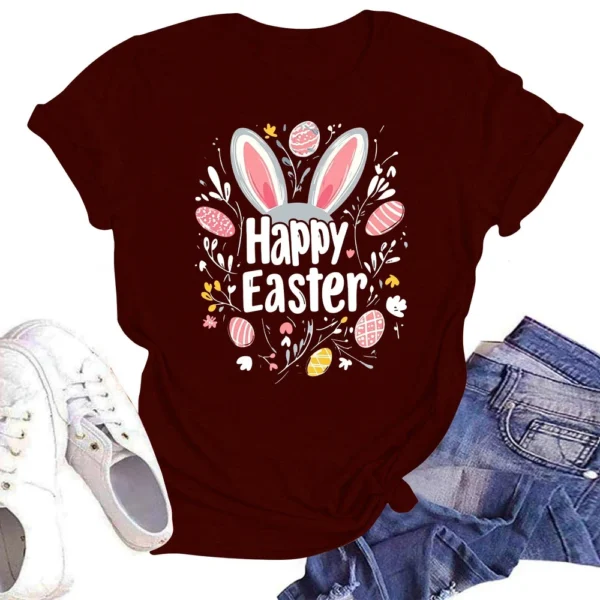 Happy Easter Women's Fashion Printed Round Neck Short Sleeve T-Shirt Pullover - Image 28