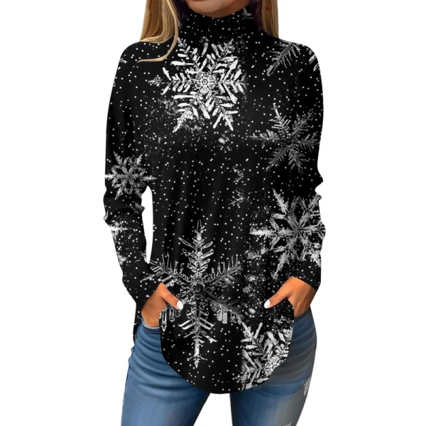 Women's Casual Christmas High Neck Pullover Long Sleeve Printed Fashion T-Shirt - Image 26