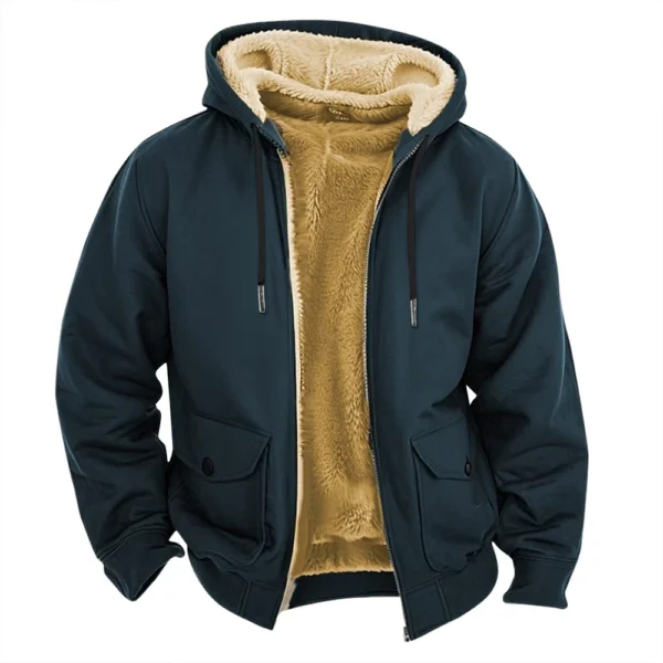 Men's Casual Zippered Pocket Hooded Jacket Men's Solid Color Fashion Warm Jacket - Image 3