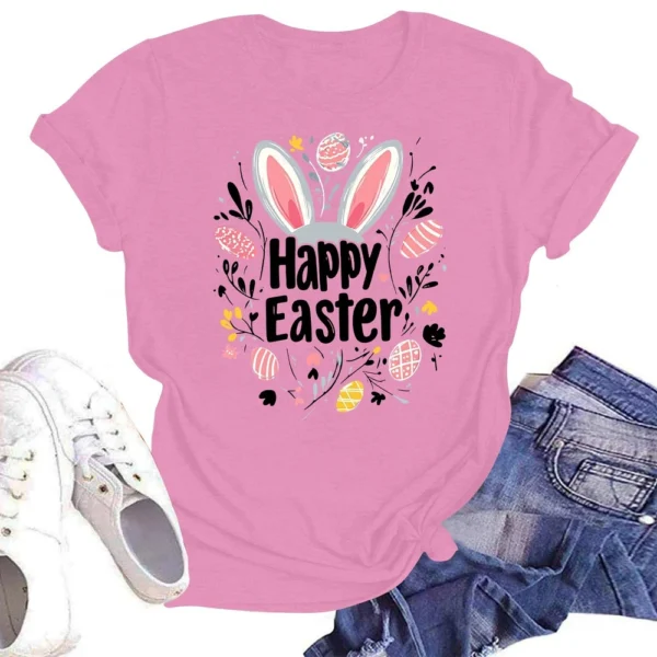 Happy Easter Women's Fashion Printed Round Neck Short Sleeve T-Shirt Pullover - Image 25