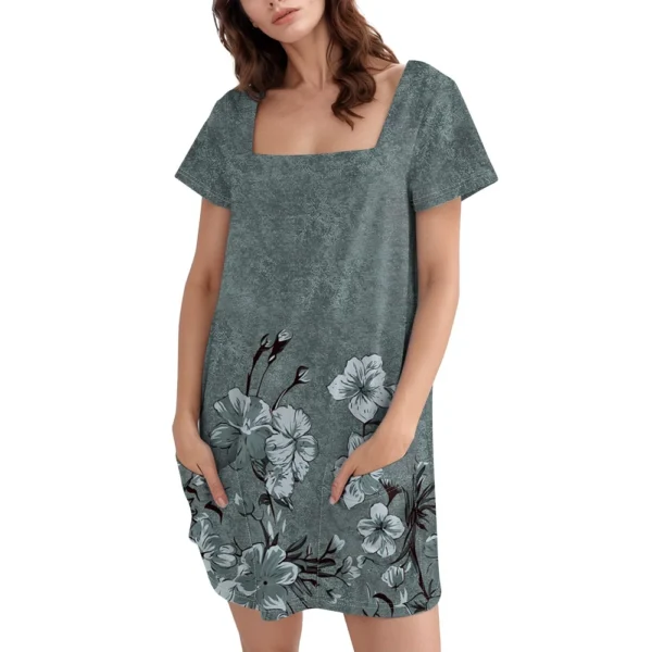 Women's Square Collar Short Sleeve Fashion Skirt Floral Print Pocket Casual - Image 8