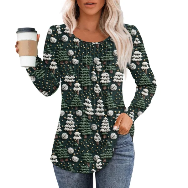Women's Christmas Pleated Top Round Neck Casual Printed Long Sleeved T-Shirt - Image 19