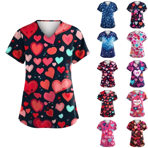 Women's Valentine's Day Printed  Uniform Work Uniform V-Neck Pocket Protective