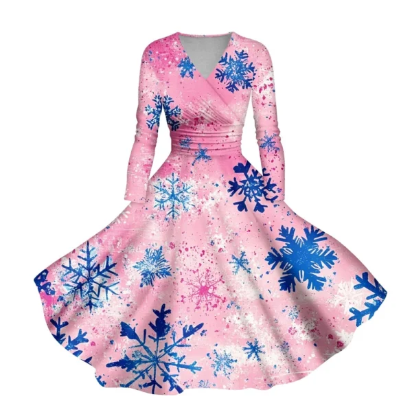 Women's Casual V-Neck Slim Fashion Christmas Long Sleeve Printed Dresses - Image 35