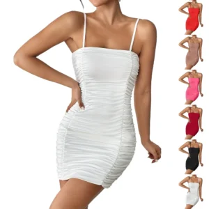 Women's Fashion Solid Color Suspender Hip Skirt Popular Pleated Waist Dress