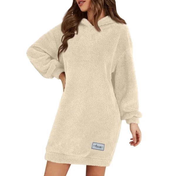 Women's Fashion Hooded Long Sleeve Plush Dress Solid Color Casual Sweatshirt - Image 14