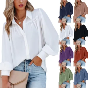 Button-down top pleated solid color stand-up collar women's clothing