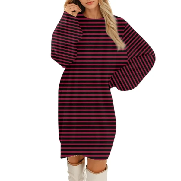 Women's Round Neck Casual Long Sleeve Plush Gradient Stripe Dresses - Image 22