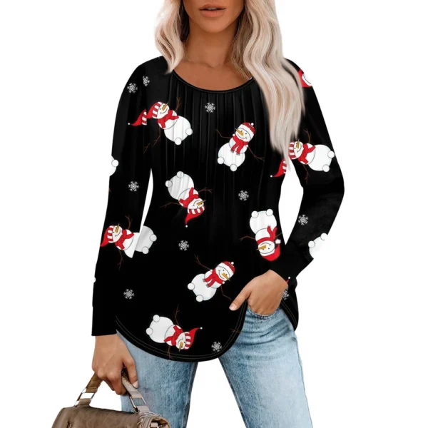 Women's Christmas Printed Top Round Neck Casual Pleated Long Sleeved T-Shirt - Image 22