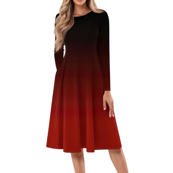 Women's Casual Fashion Round Neck Long Sleeve Print Midi Dress - Image 2
