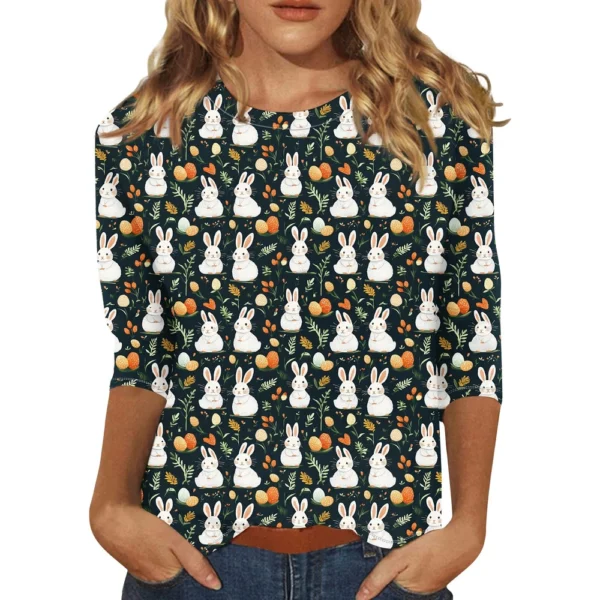 Women's Casual Round Neck Easter Egg Print Three-quarter Sleeve T-shirt Top - Image 5