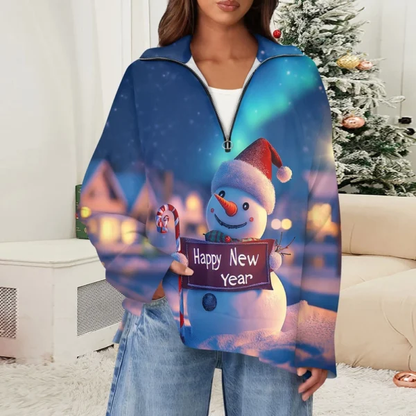 Women's Casual Half Zipper Lapel Christmas Printed Pullover Top Side Slit - Image 31