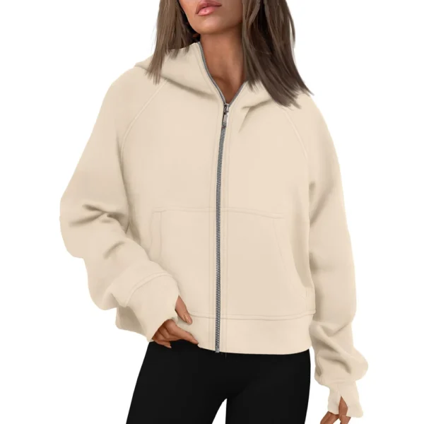 Women's Solid Color Zip-up Collar Hoodie With Sleeves And Fleece Hoodie Coat - Image 8