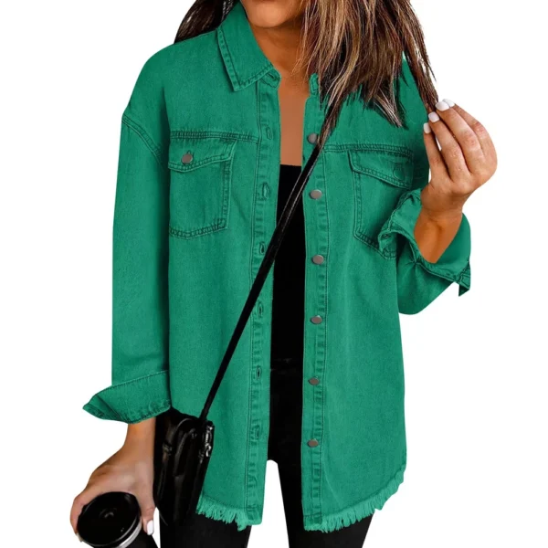 Women's Fashion Denim Shirt Jacket Milled Hem Button Casual Long Sleeve Jacket - Image 10