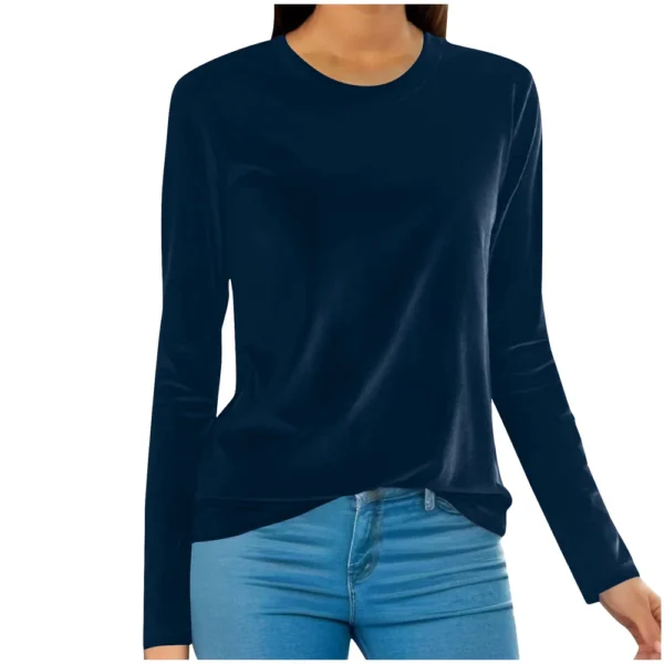 Women's Fashion Golden Velvet Solid Colour Round Neck Long Sleeve T-Shirt Top - Image 31