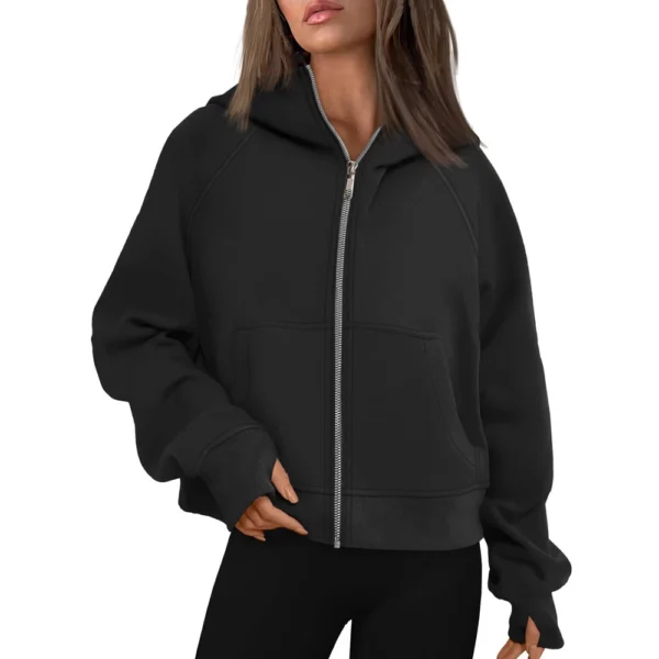 Women's Solid Color Zip-up Collar Hoodie With Sleeves And Fleece Hoodie Coat - Image 4