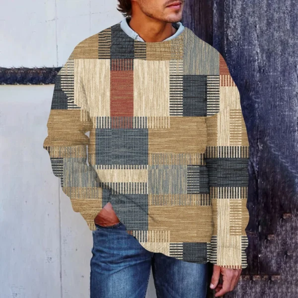 Men'S Printed Synthetic Sweater Round Neck Sportswear Loose Long Sleeved Top - Image 19