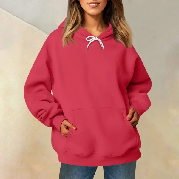 Ladies' Fashionable Casual Long Sleeved Round Neck Hooded Solid Color Hoodie - Image 52