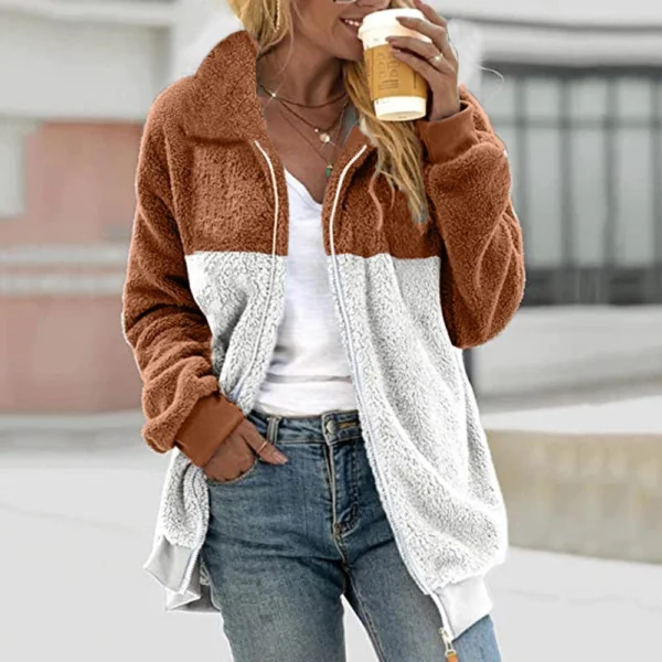 Women's Casual Color Blocking Loose Plush Zippered Flip Collar Jacket With - Image 16