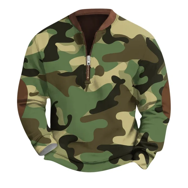 Men's Fashion Casual Half Zip Neck Loose Long Sleeve Camouflage Sweatshirt - Image 3
