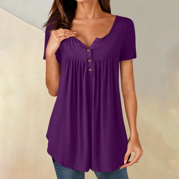 Women Tunic Tops Dressy Casual Summer Short Sleeve Shirts Loose Fit Pleated - Image 31