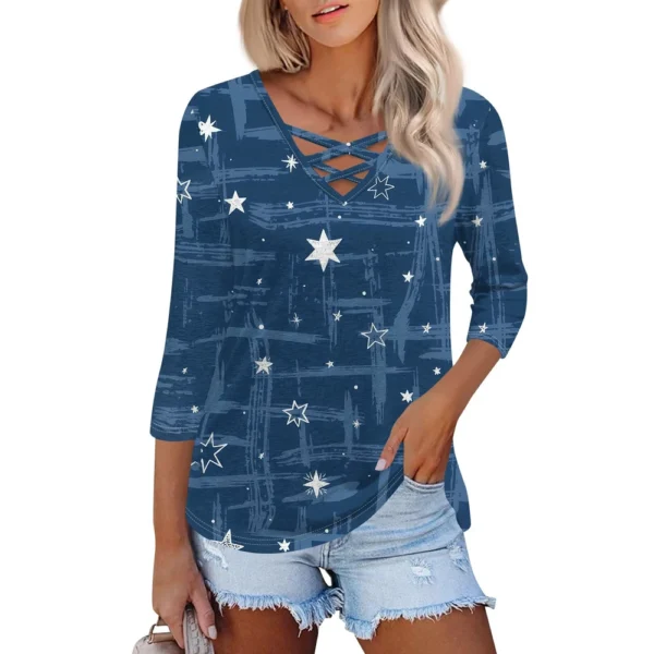 Women's Fashion Loose Cross V-Neck Seven Sleeve T-Shirt Vintage Floral Print - Image 3