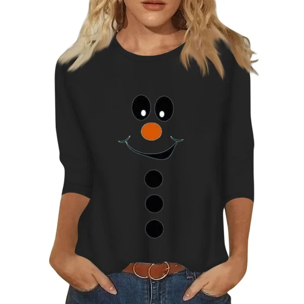 Women's Christmas Casual Round Neck T-Shirt Printed 3/4 Sleeve Loose Ladies Top - Image 14