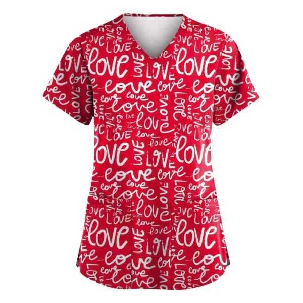 Women's Valentine's Day Printed  Uniform Work Uniform V-Neck Pocket Protective - Image 7