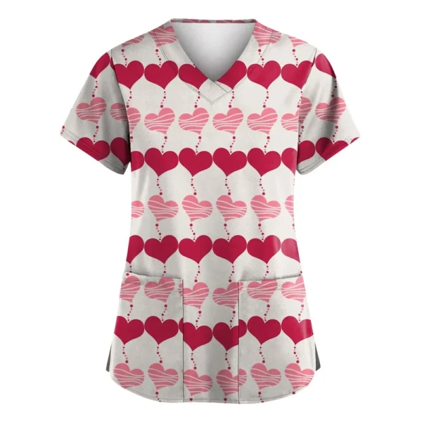 Women's Valentine's Day Printed  Uniform Work Uniform V-Neck Pocket Protective - Image 32