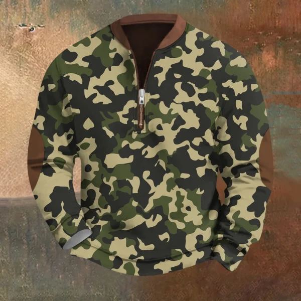Men's Fashion Casual Half Zip Neck Loose Long Sleeve Camouflage Sweatshirt - Image 25