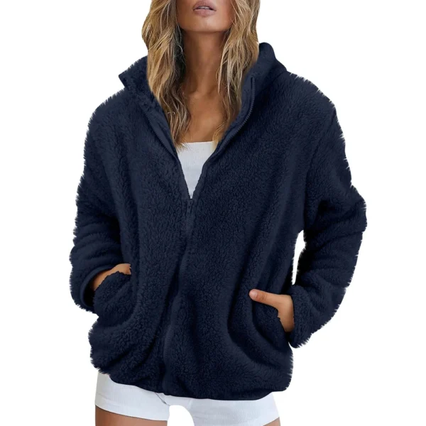Women's Solid Color Loose High Neck Long Fleece Plush Warm Zipper Jacket - Image 37
