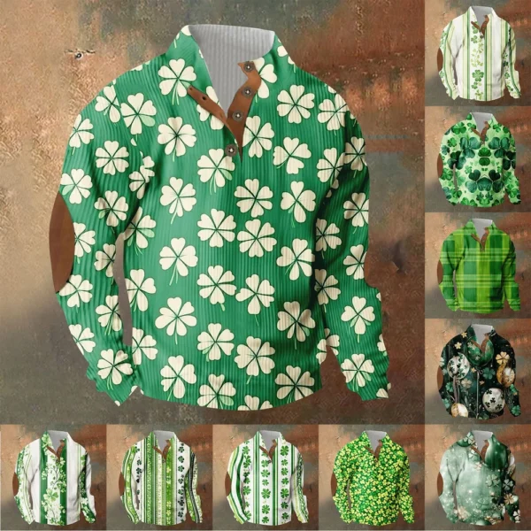 Knit Printed 3 Button - Corduroy Men's Standing Collar Pocket Sweatshirt
