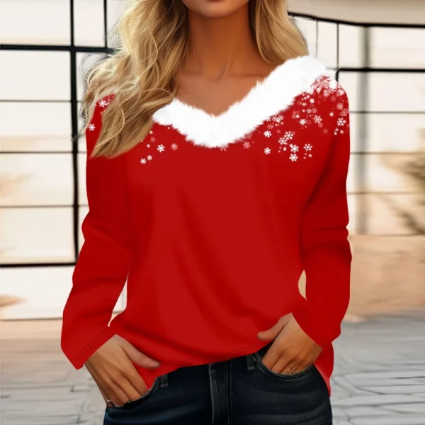 Women's Christmas Long Sleeve Shirt Top V Neck Party Fleece Collar T Shirt - Image 25