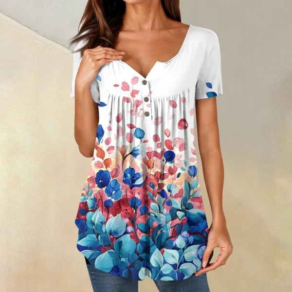 Women Tunic Tops Dressy Casual Summer Short Sleeve Shirts Loose Fit Pleated - Image 34
