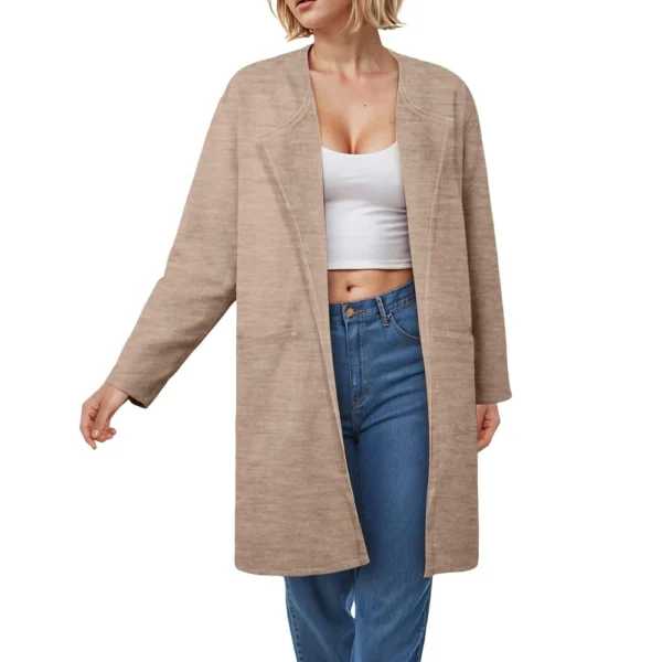 Ladies Solid Color Lapel Cardigan Tweed Cotton Coat Long Sleeve Jacket With - Image 41