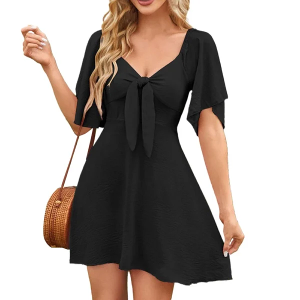 Women's Loose Casual Solid Color V-Neck Bow Tie Short Sleeved Dress Mini Dress - Image 5