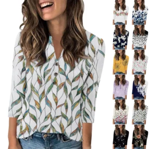 Women's Fashion Casual Loose 3/4 Sleeve Printed Round Neck Top