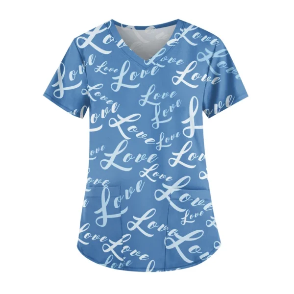 Women's Cute Printed Work Clothes V-neck Double Layer Pockets Basic Short - Image 17