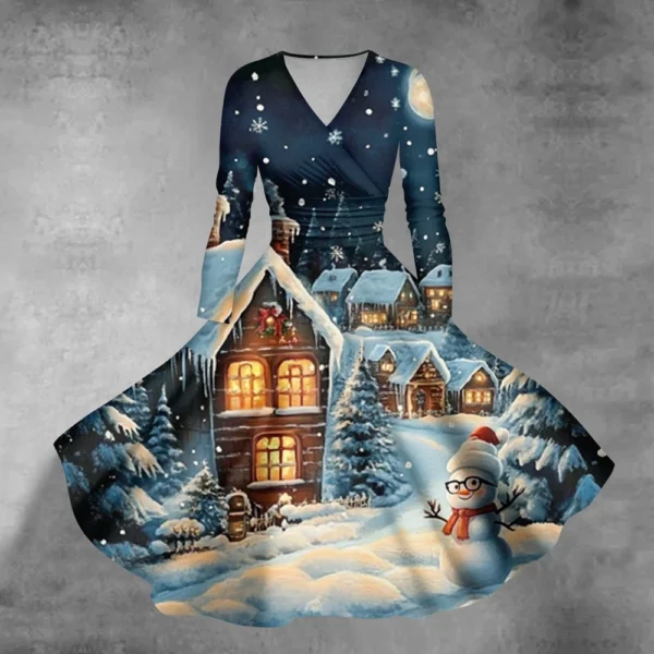 Women's Casual V-Neck Slim Fashion Christmas Long Sleeve Printed Dresses - Image 31